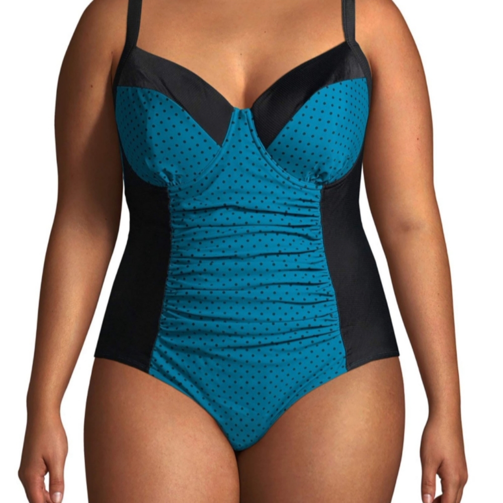 terra & sky Hottie Dottie One-piece Swimsuit in aqua/black, sz 4X (28W-30W) NWOT
